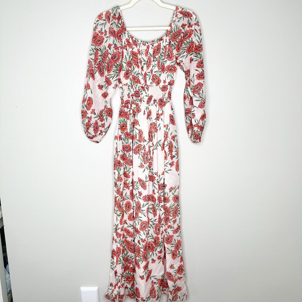 Banjanan Womens Daffodil Maxi Dress Smocked Long Sleeve Dune Daisy White Small